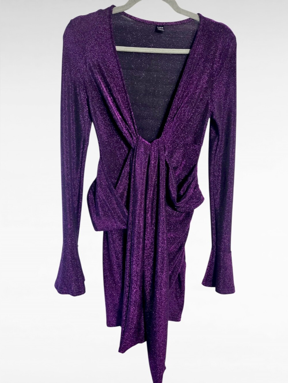 Purple Metallic Long Sleeve Multi-Way Draped Wrap Dress S